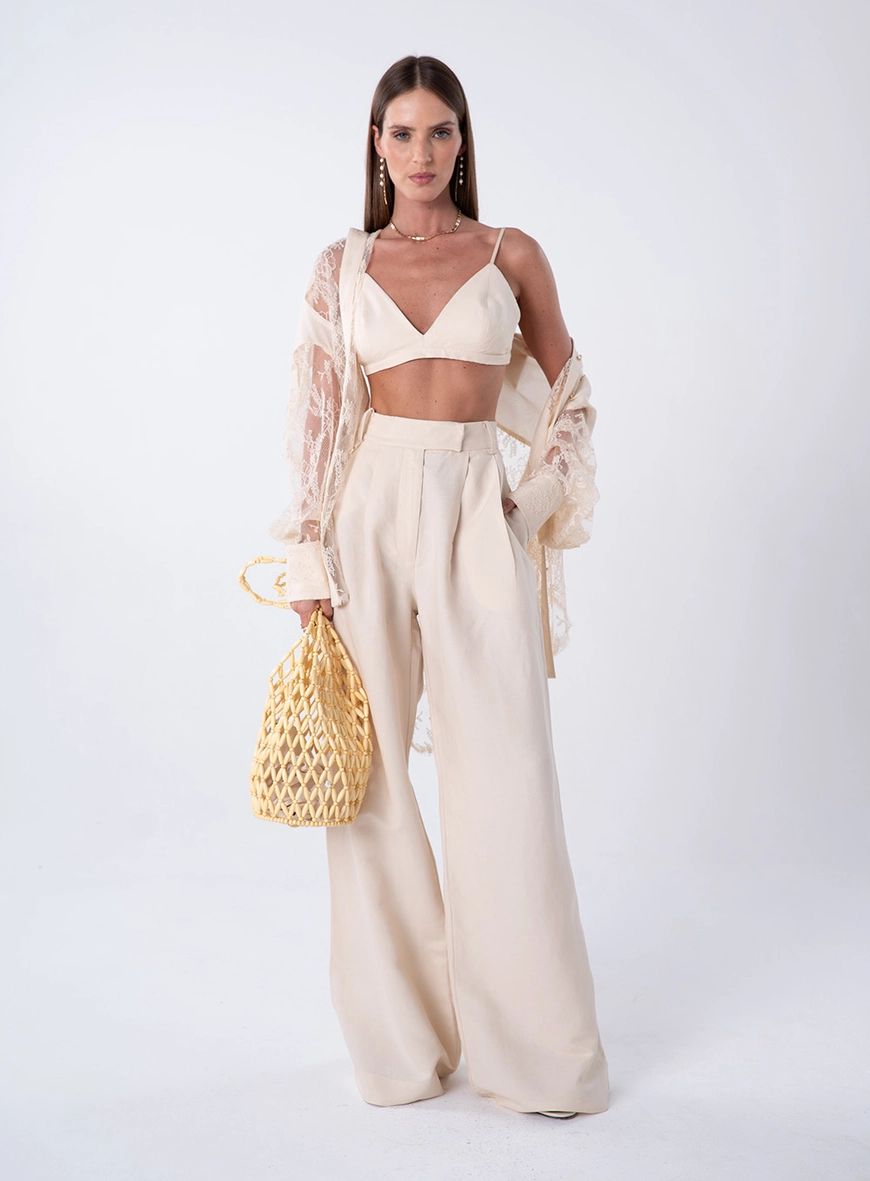 Calça Linho Pregas - Bege