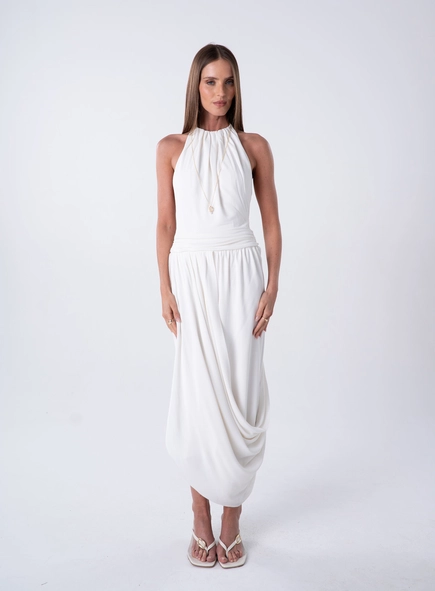 Vestido Midi Malha Drapeado - Off Shell