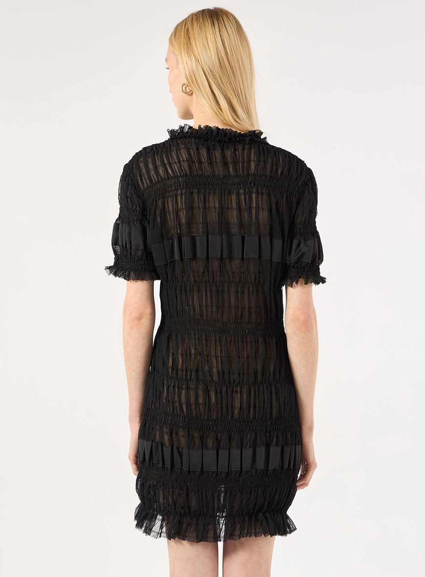 Vestido Curto Tule Franzido - Preto