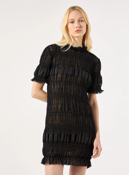 Vestido Curto Tule Franzido - Preto