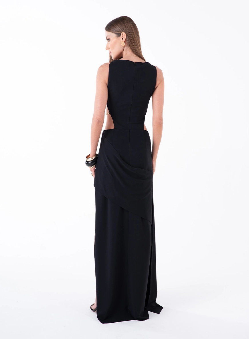 Vestido Longo Malha Recortes - Preto