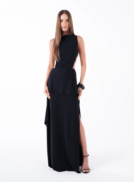 Vestido Longo Malha Recortes - Preto
