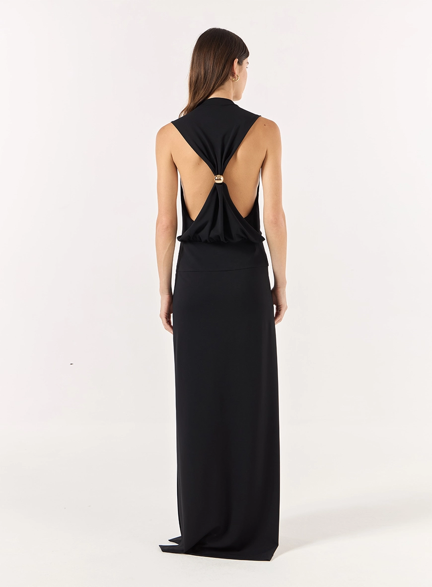 Vestido Longo Malha Decote Costas - Preto