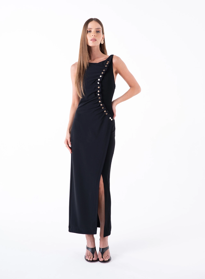 Vestido Midi Malha Detalhe Botões - Preto