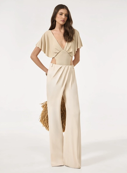Calça Crepe Drapeado - Bege Taupe