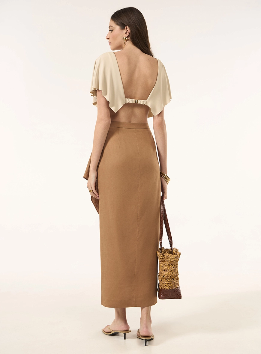 Saia Midi Linho Envelope - Marrom