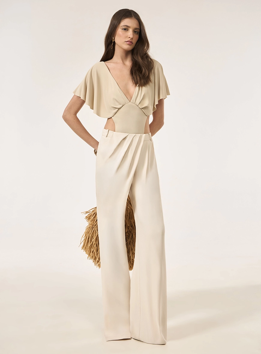 Body Malha Decote V - Bege Taupe