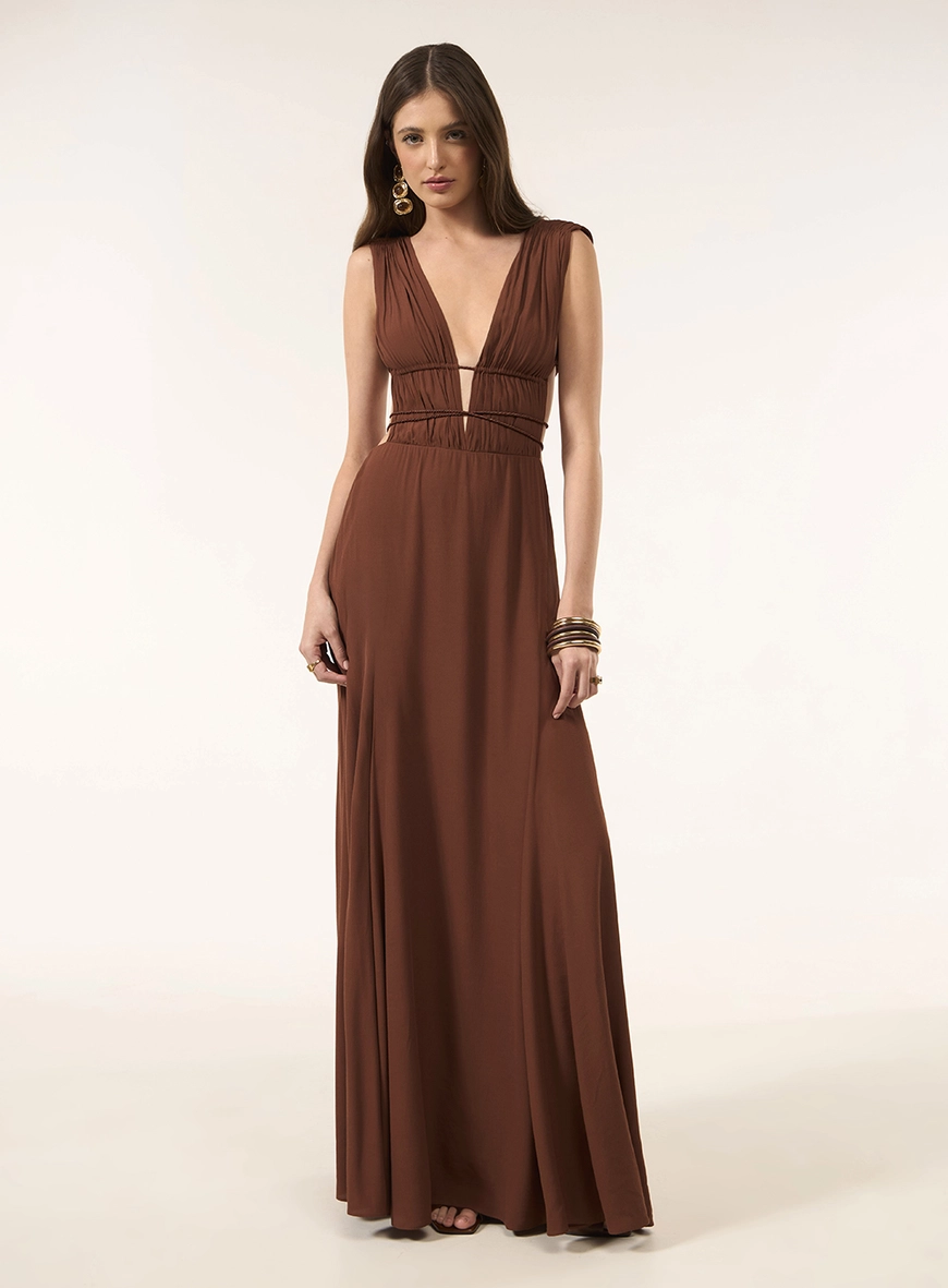 Vestido Longo Crepe  - Marrom