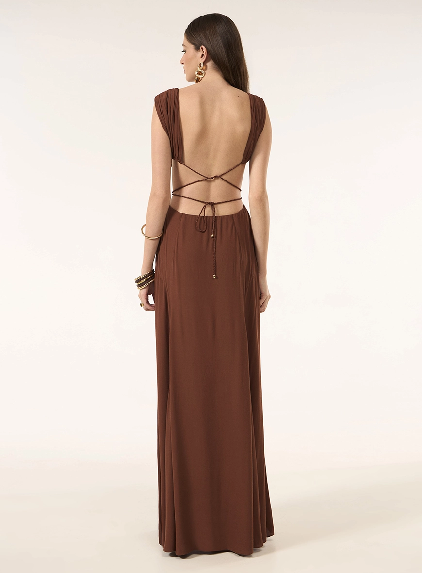 Vestido Longo Crepe  - Marrom