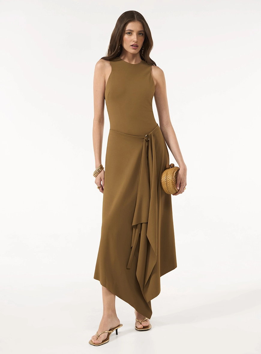 Vestido Midi Malha Saia Sobreposta - Marrom Nozes