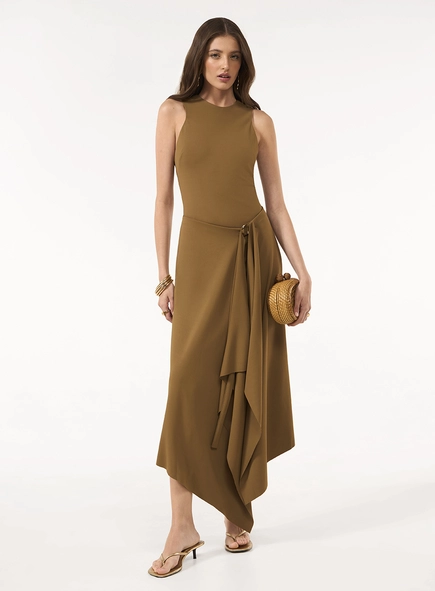 Vestido Midi Malha Saia Sobreposta - Marrom Nozes