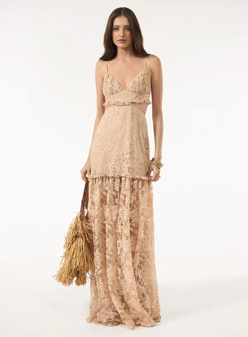 Vestido Longo Renda Recortes - Bege