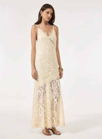 Vestido Maxi Midi Renda - Bege