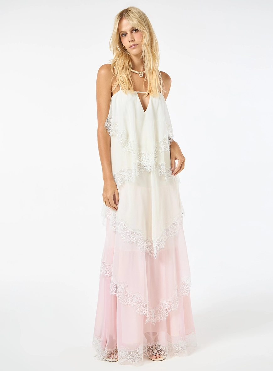 Vestido Longo Chiffon Detalhe Renda