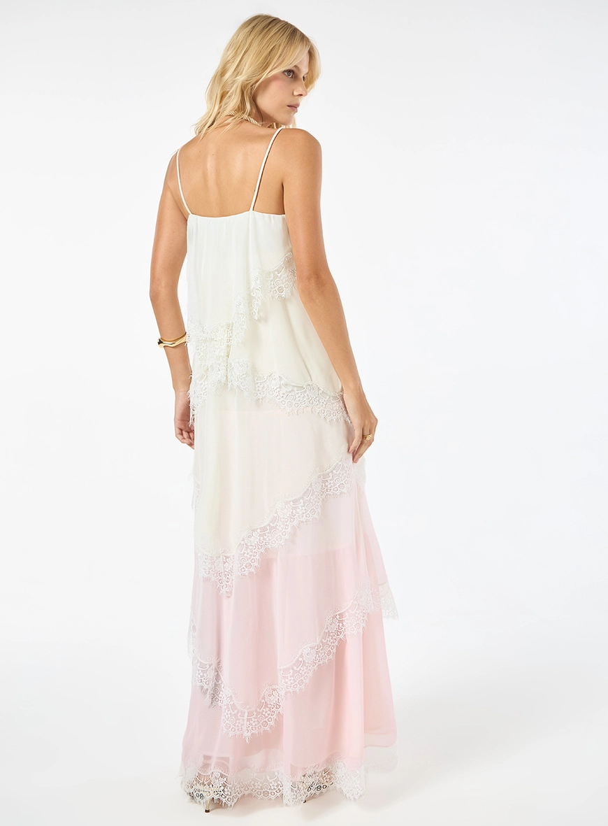 Vestido Longo Chiffon Detalhe Renda