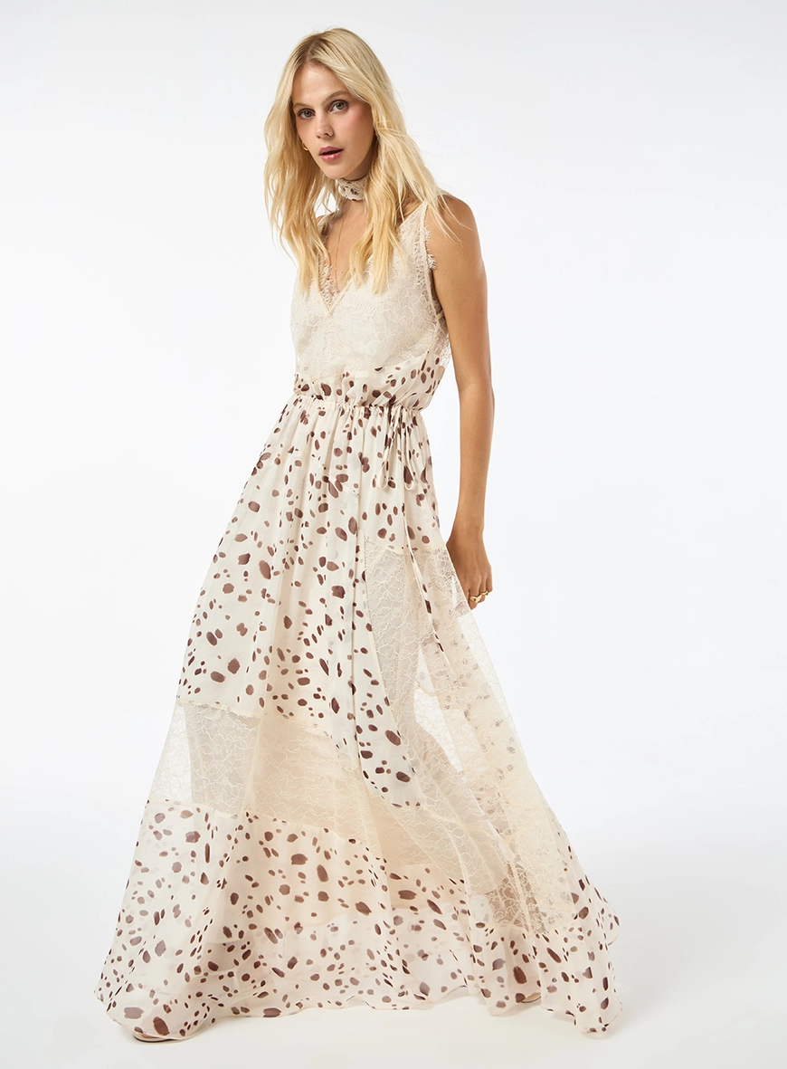 Vestido Longo Estampado Com Renda