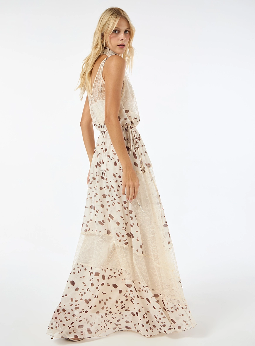 Vestido Longo Estampado Com Renda
