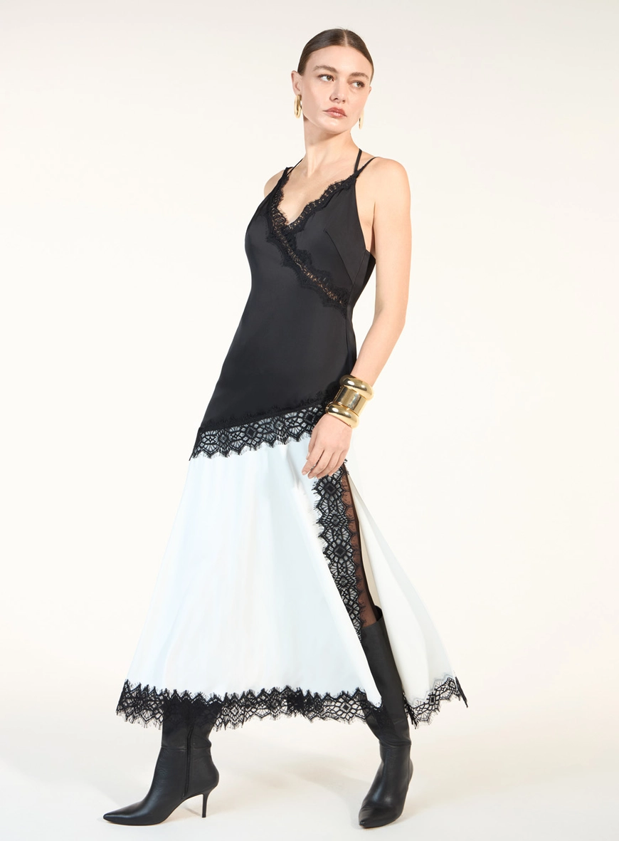 Vestido Midi Detalhe Renda Bicolor