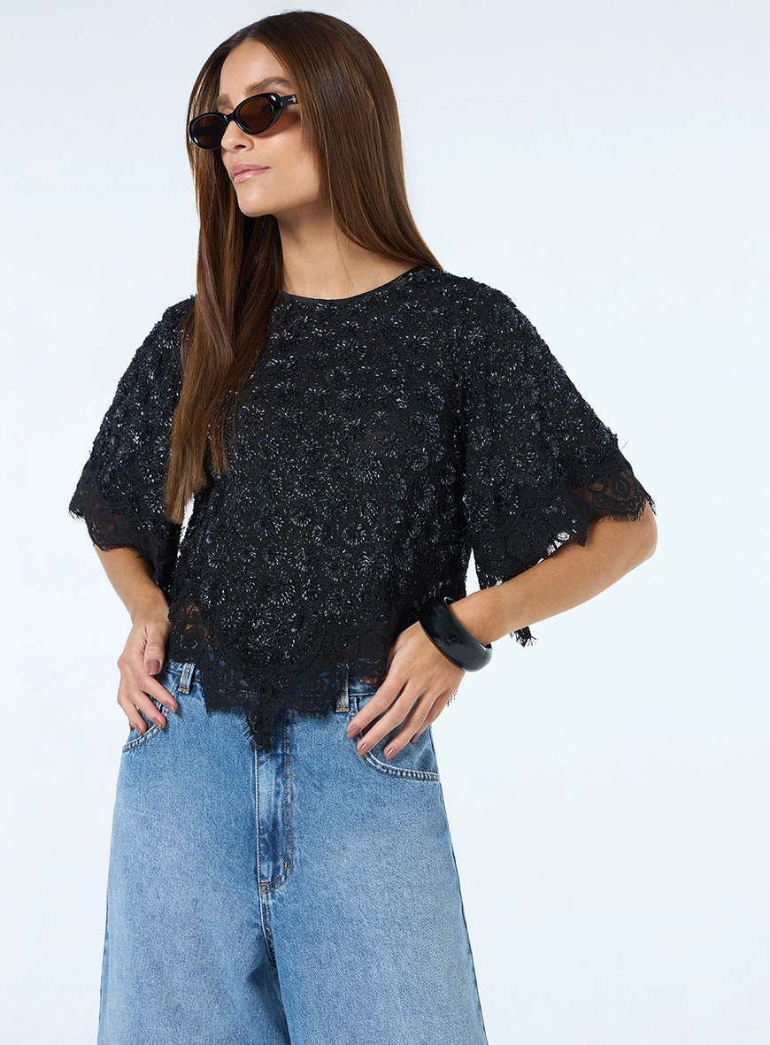 Blusa Pelerine Tule Bordado - Preto
