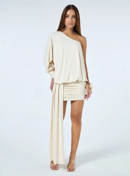 Vestido Curto Malha Manga Única - Soft Bege
