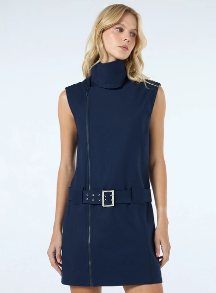 Vestido Curto Tricoline Gola Alta - Azul Classic