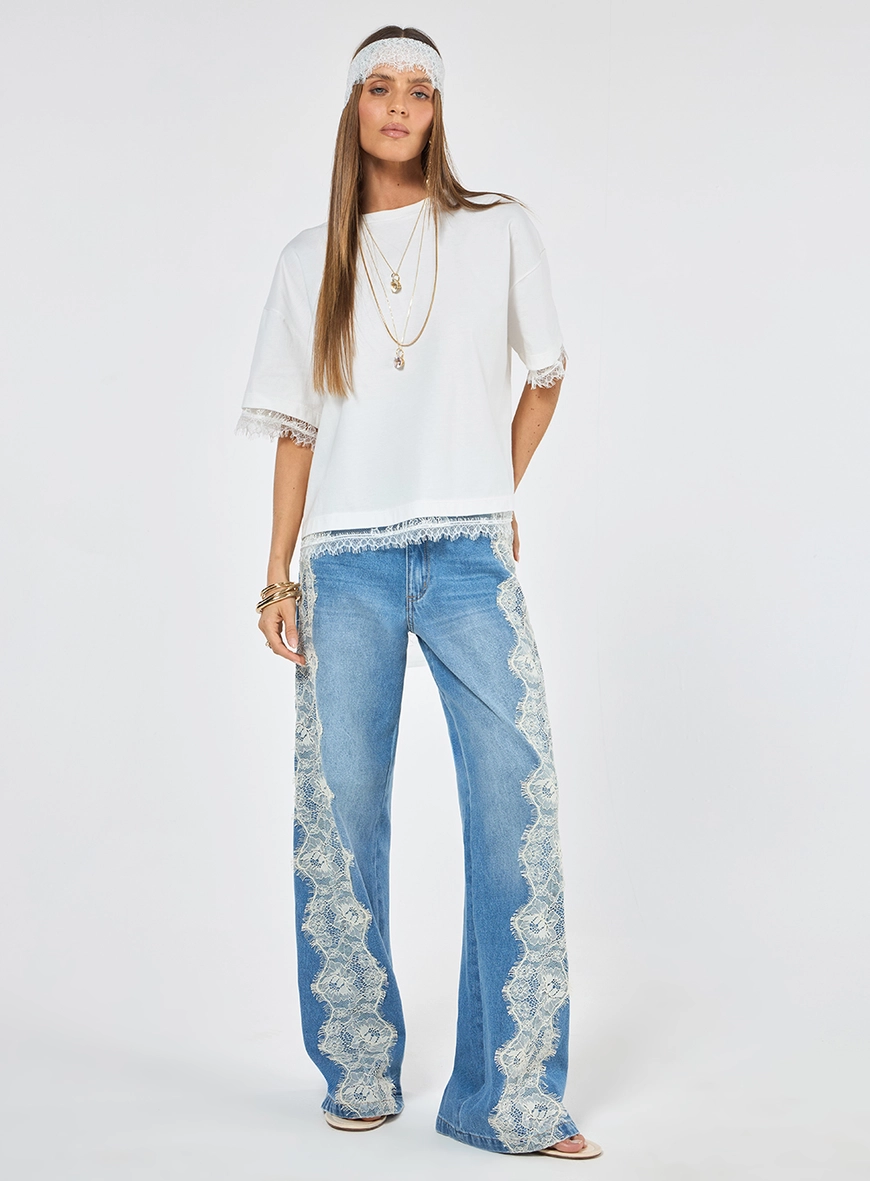 Calça Jeans Detalhe Renda - Azul