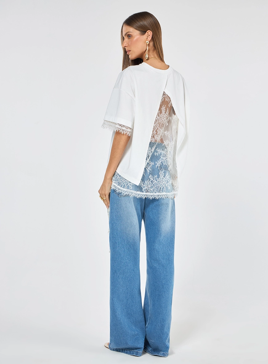 Calça Jeans Detalhe Renda - Azul