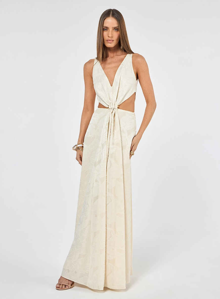 Vestido Longo Jacquard Recortes - Areia