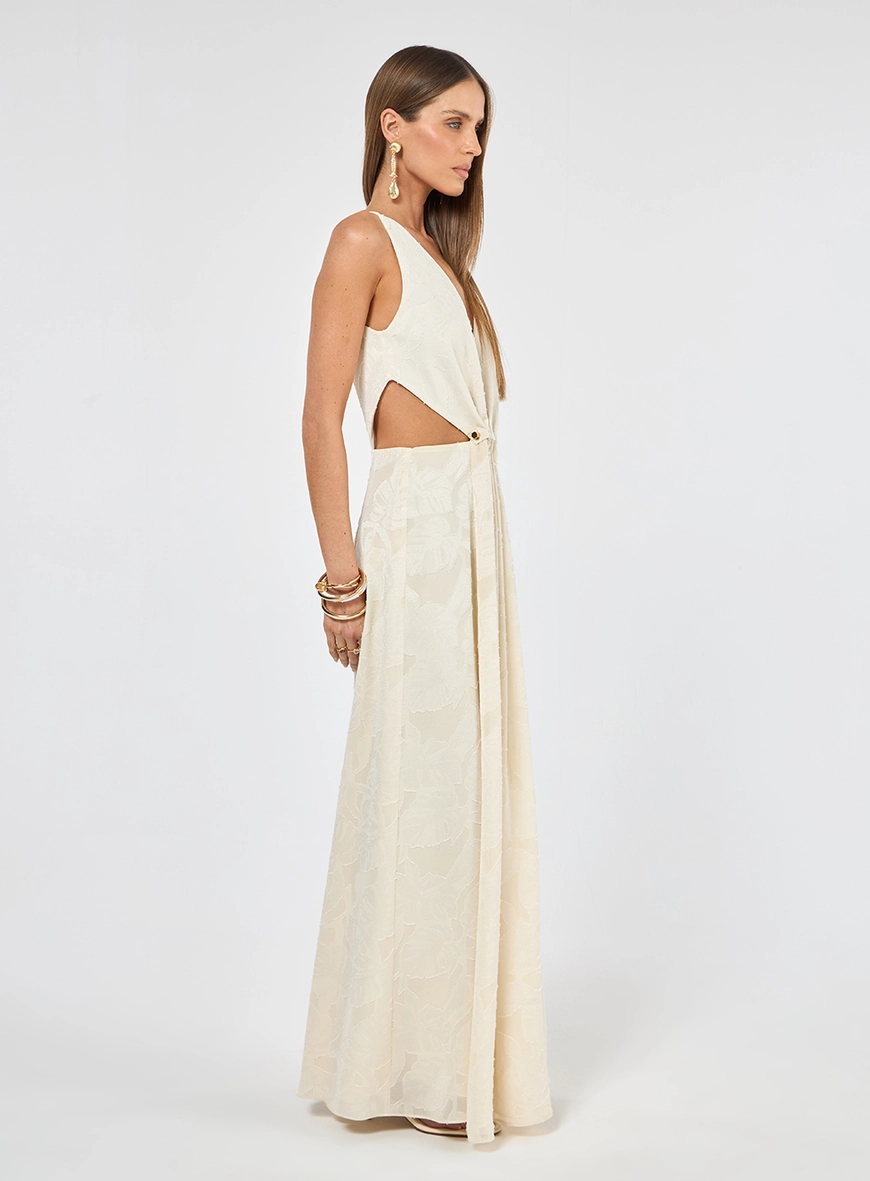 Vestido Longo Jacquard Recortes - Areia