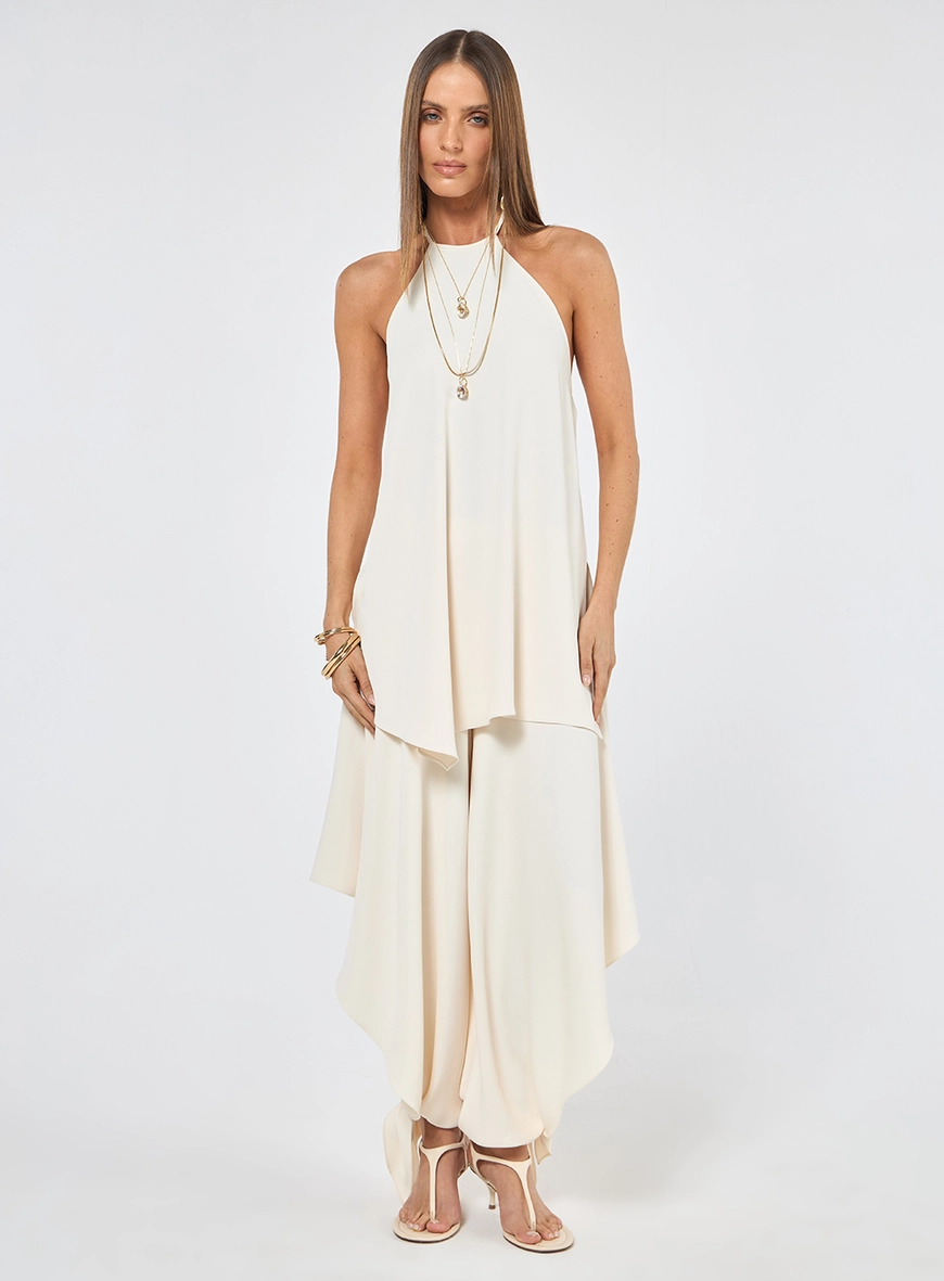 Conjunto Crepe Blusa Halter E Calça - Areia