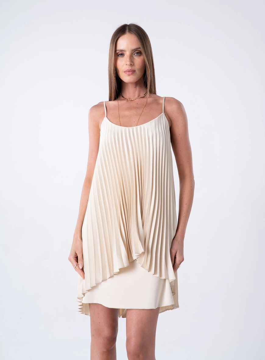 Vestido Curto Plissado Mullet - Bege