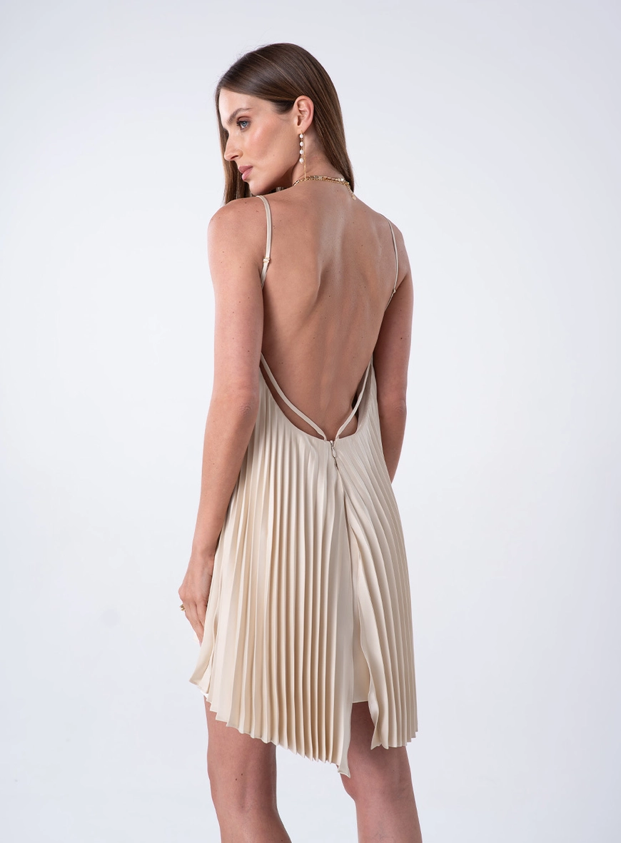 Vestido Curto Plissado Mullet - Bege