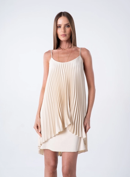 Vestido Curto Plissado Mullet - Bege