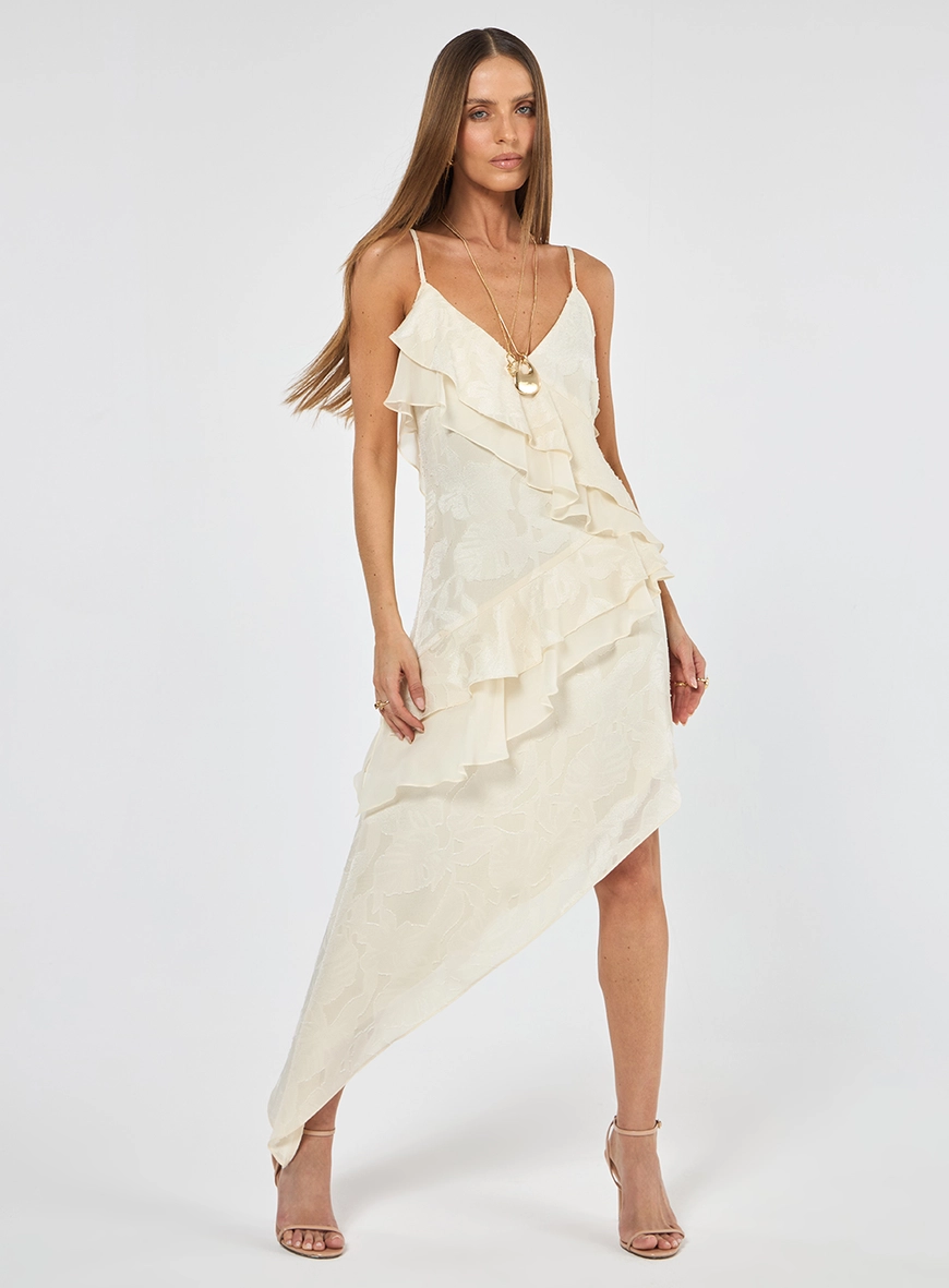 Vestido Midi Jacquard Assimétrico - Areia