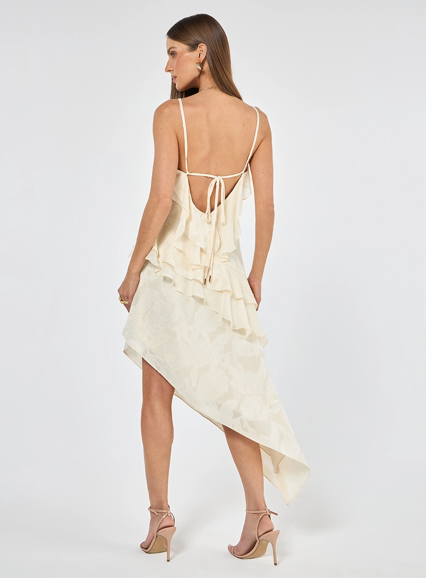 Vestido Midi Jacquard Assimétrico - Areia