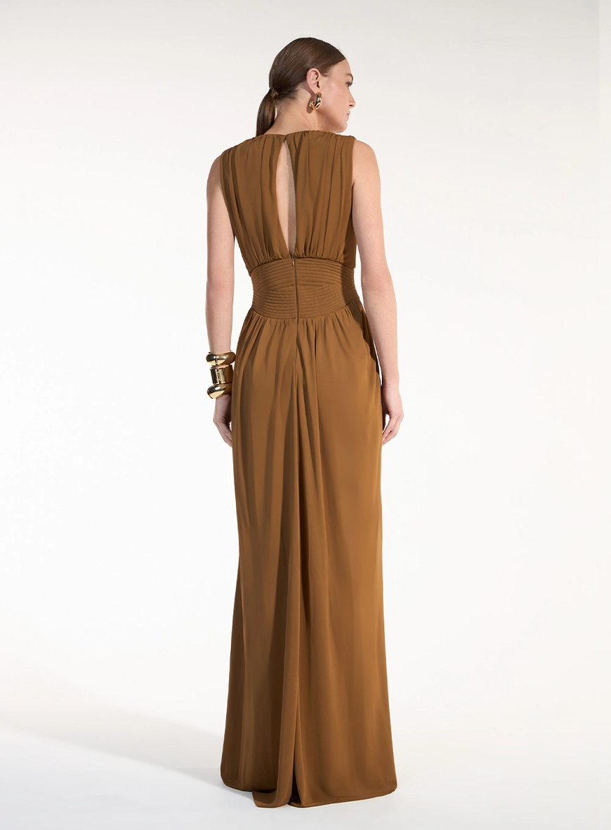 Vestido Longo Malha Decote V - Marrom Cumaru