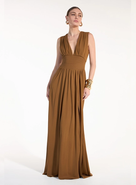 Vestido Longo Malha Decote V - Marrom Cumaru