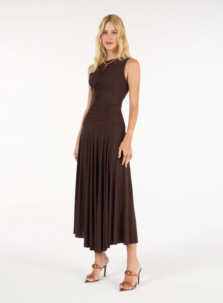 Vestido Midi Recortes Ondas - Marrom