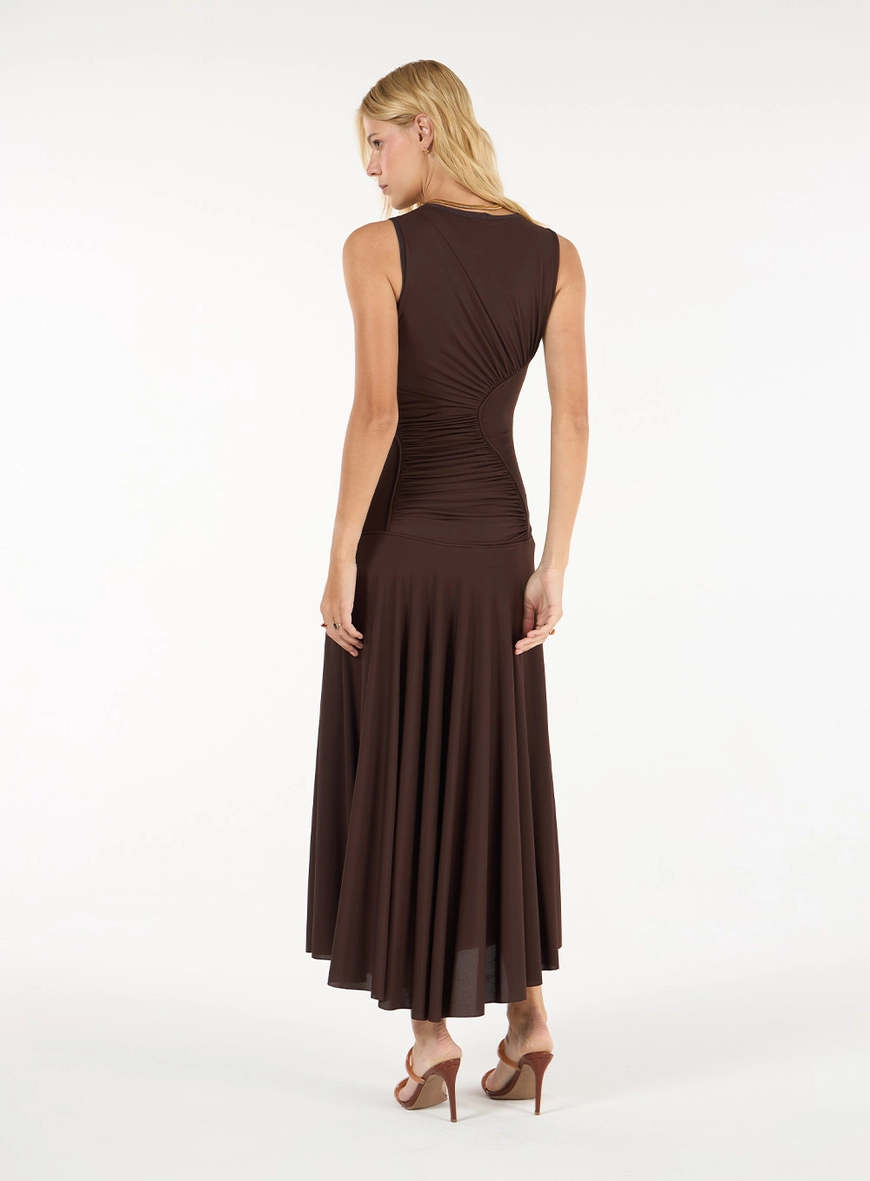 Vestido Midi Recortes Ondas - Marrom