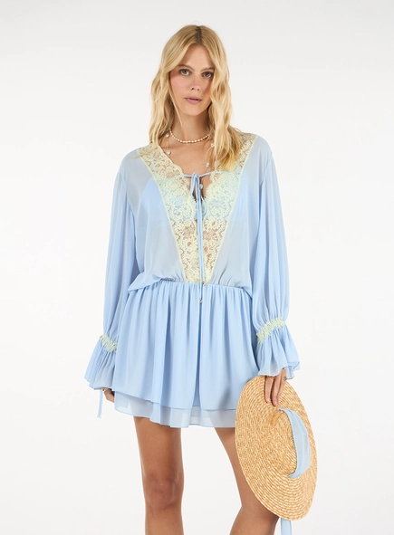 Vestido Curto Chiffon Detalhe Renda - Azul