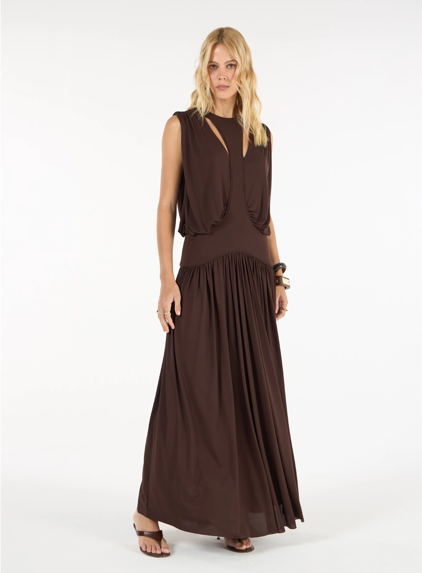 Vestido Longo Tule Recortes - Marrom