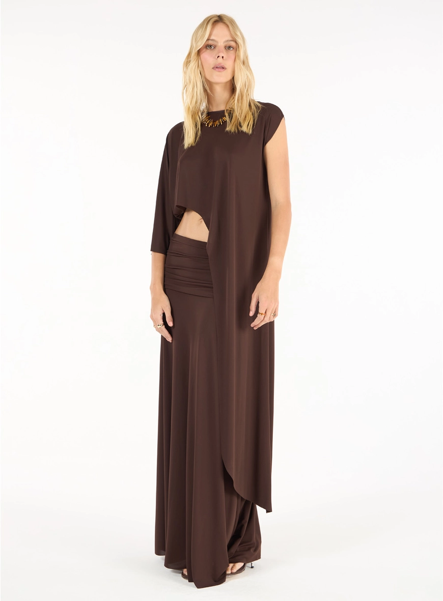 Conjunto Blusa Assimétrica E Saia - Marrom