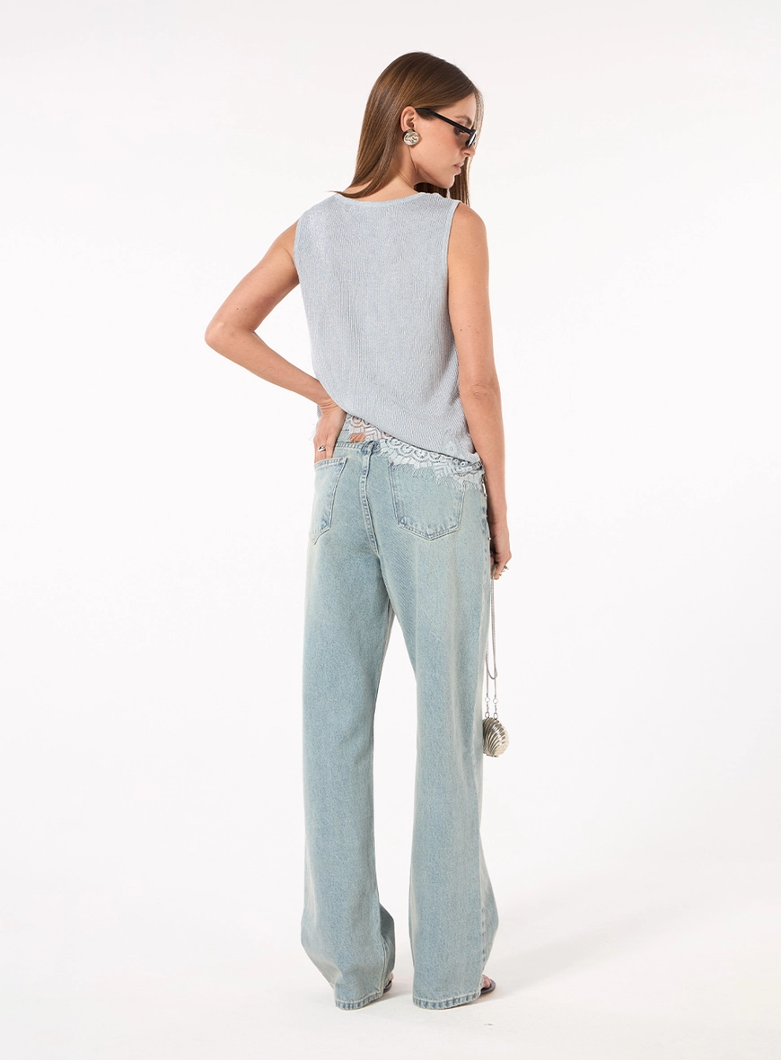 Calça Jeans Reta Bordada - Azul