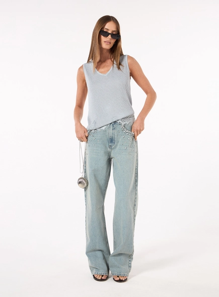 Calça Jeans Reta Bordada - Azul