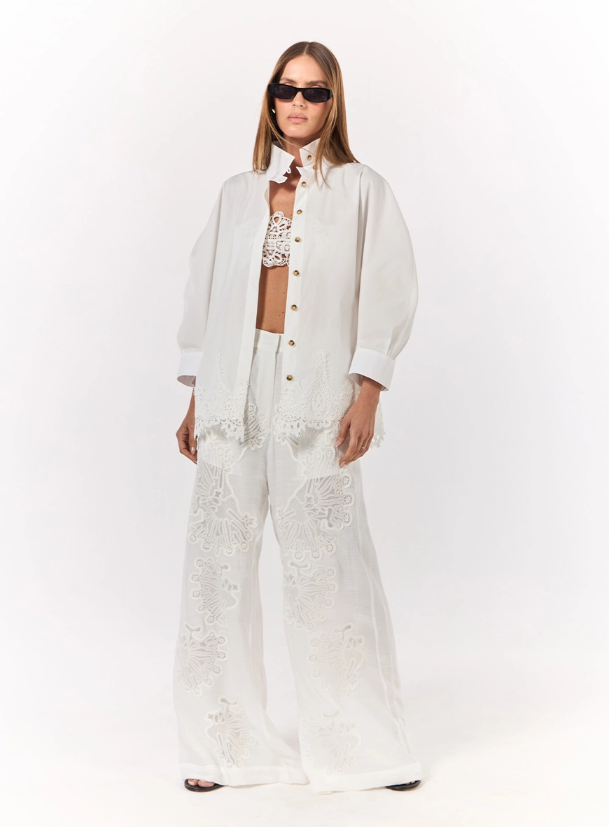 Calça Wide Leg Aplicação Renda - Off Shell