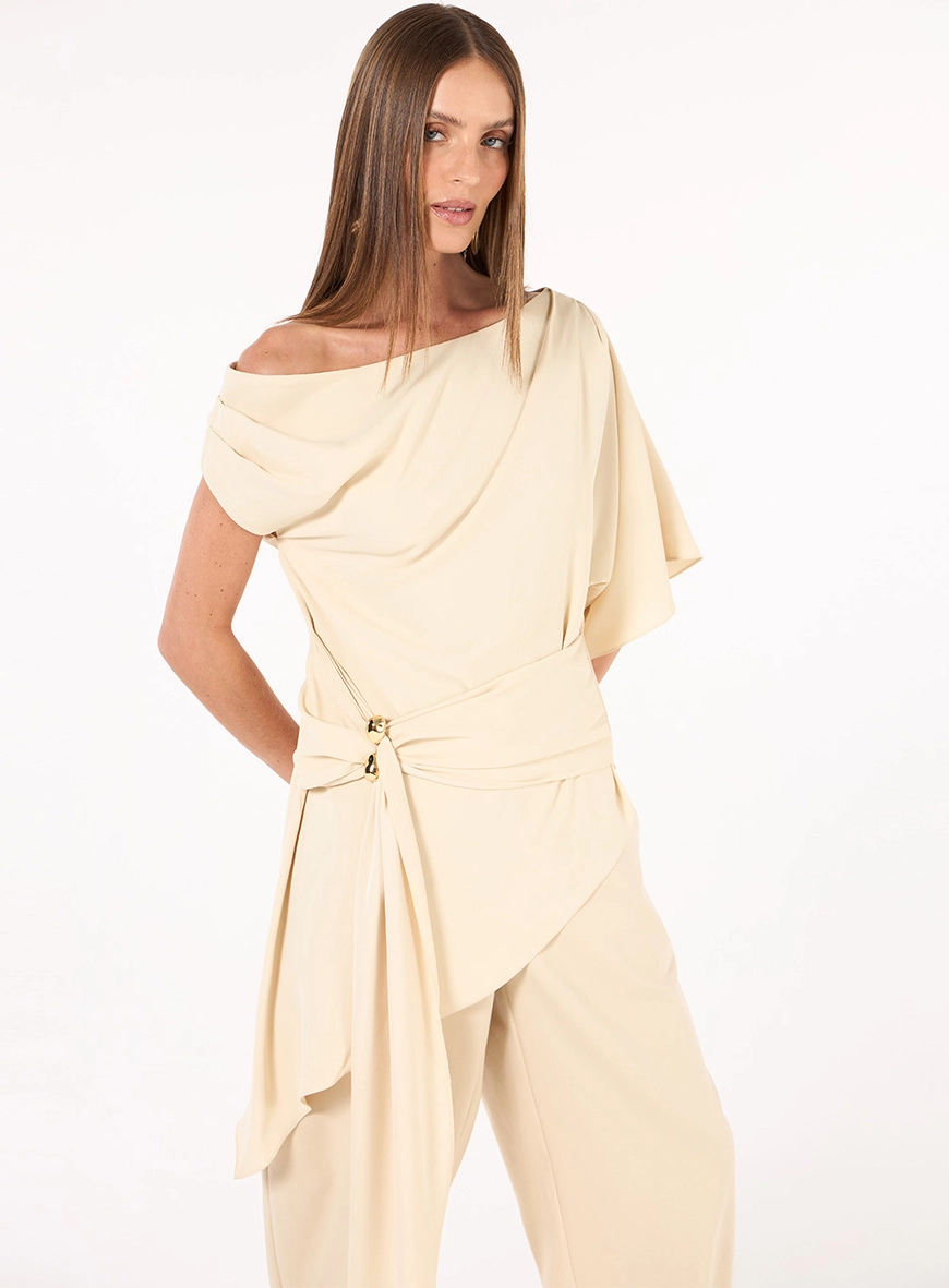 Blusa Alongada Assimétrica - Bege