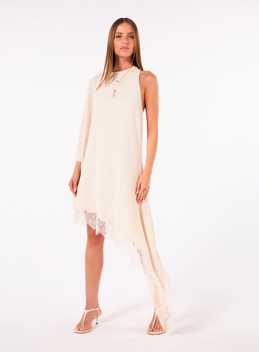 Vestido Curto Crepe Manga Única - Bege