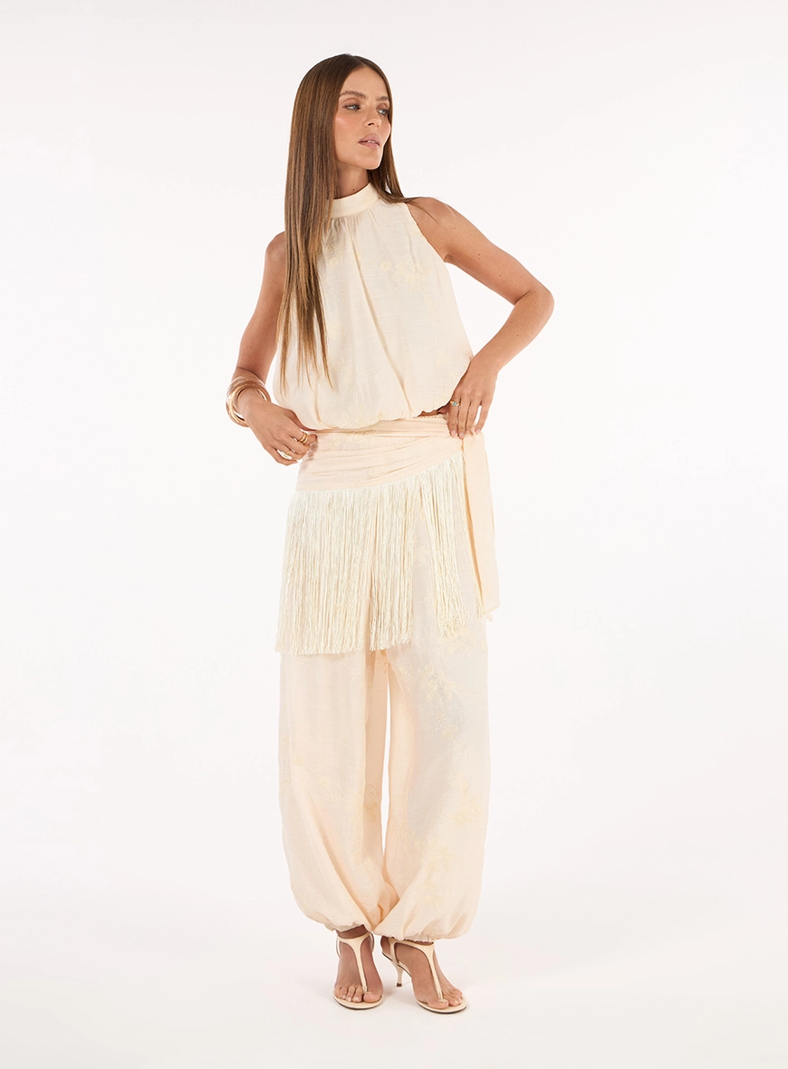 Conjunto Blusa E Calça Aladim Bordado - Champagne