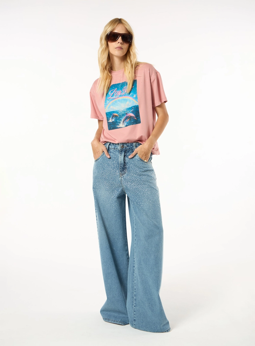 Calça Jeans Aplicação Strass - Azul