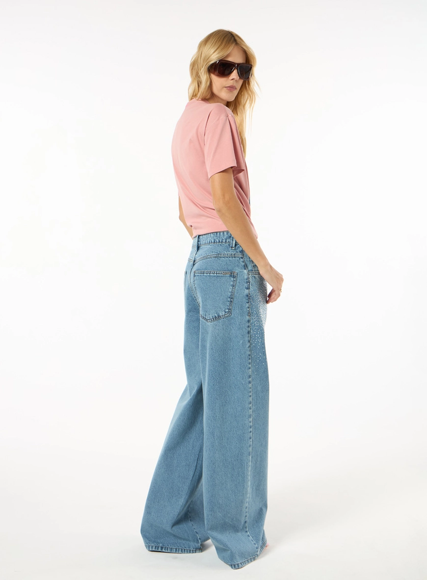 Calça Jeans Aplicação Strass - Azul